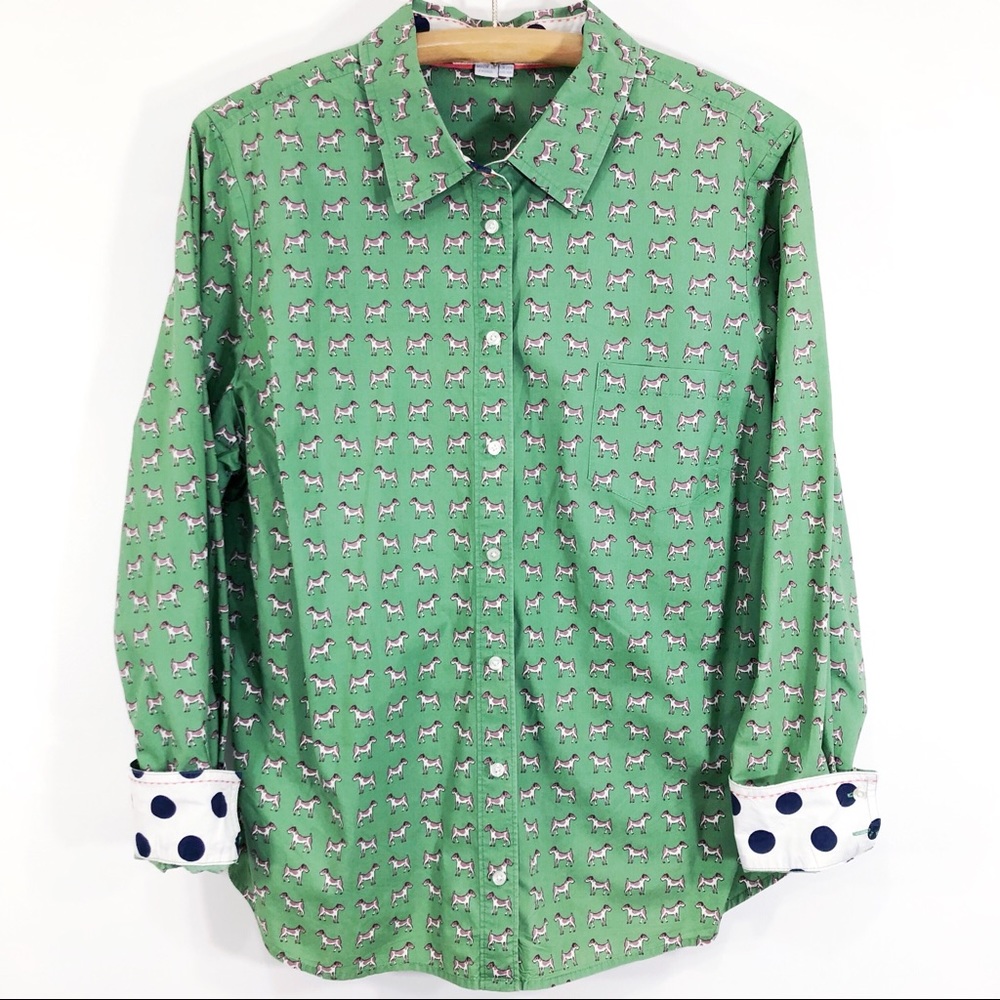 Boden Green Dog Print Polka Dot Cuff Button Down